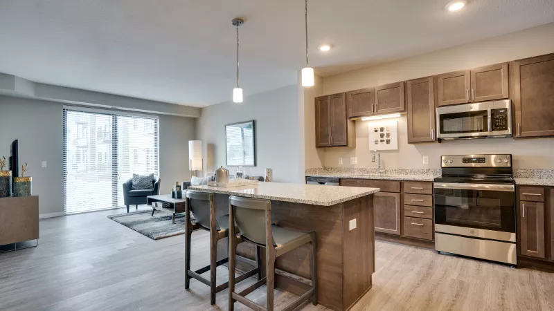 Modern open-concept kitchen with brown cabinets, stainless steel appliances, and island overlooking a living room with a sofa.